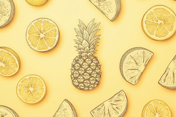 Poster - Minimalist pattern featuring line illustrations of pineapples, watermelons, and oranges on a pastel yellow background