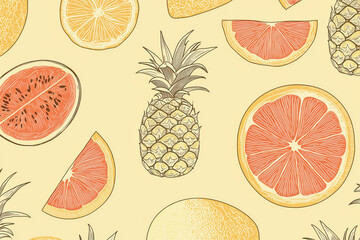 Poster - Sleek minimalist pattern featuring line illustrations of pineapples, watermelons, and oranges on pastel yellow background