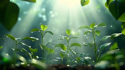 Aufkleber - Fresh Green Seedlings Reaching for Sunlight in Lush Forest with Soft Rays of Light Illuminating the Vibrant Growth and Dewy Leaves