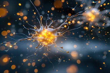 Poster - Dynamic 3D Illustration of Neuron with Firing Synapse on Dark Background