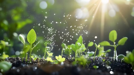 Aufkleber - Fresh green seedlings growing in dark soil, illuminated by sunlight with delicate water droplets, representing nature, growth, and renewal in a vibrant garden setting