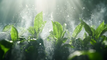Aufkleber - Lush Green Leaves Glimmering in a Misty Atmosphere, Capturing the Essence of Nature’s Beauty and Vibrant Life Under Soft Sunlight Filtering Through the Trees