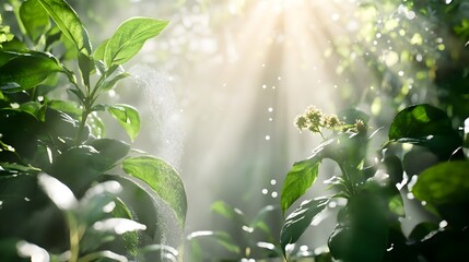 Aufkleber - Sunlight Filters Through Lush Green Foliage Creating a Serene Atmosphere in a Vibrant Natural Setting with Delicate Dew Drops on Leaves