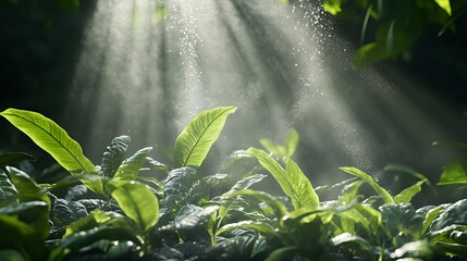 Aufkleber - Sunlight Filtering Through Leaves Over Fresh Green Plants with Gentle Mist Creating a Serene Natural Atmosphere in a Lush Environment