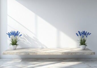 Wall Mural - A White Stones platform podium with a flower in a vase set against a light beige background. A minimal, empty display for product presentations