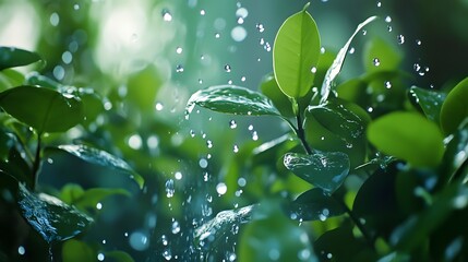 Aufkleber - Fresh Green Leaves Glistening with Raindrops in a Lush Forest Atmosphere, Showcasing Nature's Beauty and Vibrancy in a Serene Environment