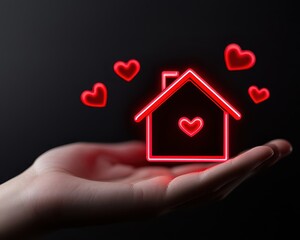 Hand holding a neon house symbolizing love and home in a dark background.