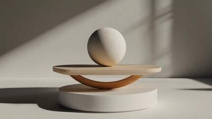 Wall Mural - Balanced Stone Sphere on a Minimalist Platform A Study in Neutral Tones