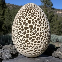 Wall Mural - Intricate carved egg sculpture, off-white, outdoors.