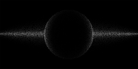 Aufkleber - Abstract technology background. Silhouette of globe composed of white dots with gradient effect and horizontal line of flying particles isolated on black. Digital vector illustration.