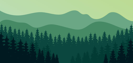 Abstract vector image of forest of spruce trees on the background of green mountains in fog. Dense forest with several tiers of mountains in the background. Forest landscape