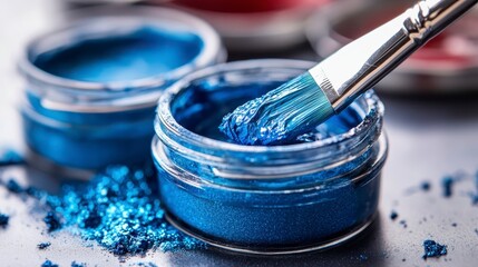 Poster - Close Up of Blue Glitter Paint in Jars with Paintbrush