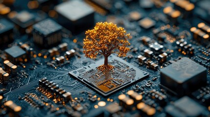 Poster - Illuminated Tree Growing from Circuit Board Microchip