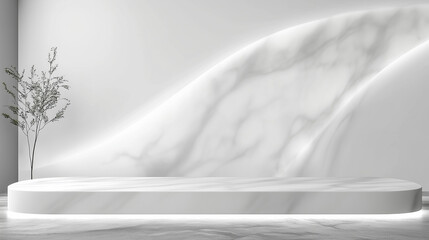 Fototapete - Minimalist Modern Interior with White Marble Countertop and Subtle Gray Veining, Light Gray Wall with Soft Curves, Clean and Contemporary Design Emphasizing Elegance and Simplicity