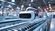 © fatih - VR headset floats above factory conveyor belt.