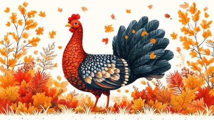 Wall Mural - Colorful rooster in autumn leaves.