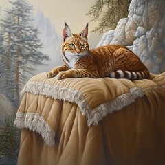 Wall Mural - Majestic lynx rests on a plush blanket, overlooking a serene winter mountain landscape.