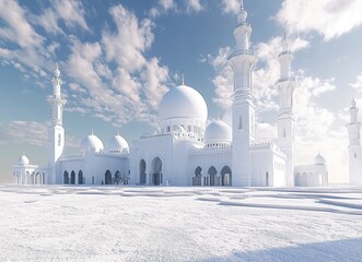 Wall Mural - White mosque with tall minarets and domes in the city of Abu Dhabi, stock photo contest winner, high resolution, detailed. --ar 128:93 --v 6.1 Job ID: 7d938c42-7be9-4df3-a286-eabb19138b0d