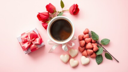 Poster - Romantic morning coffee, gift, roses, and heart-shaped chocolates on a pink background