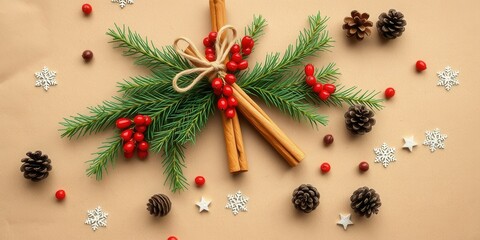 Poster - Festive Winter Arrangement with Evergreen Boughs, Cinnamon Sticks, and Red Berries