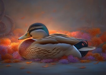 Poster - Male mallard duck resting amidst autumn flowers at sunset.