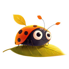 Aufkleber - A digitally drawn cartoon ladybug with large eyes sits on a yellow green leaf against a black background.