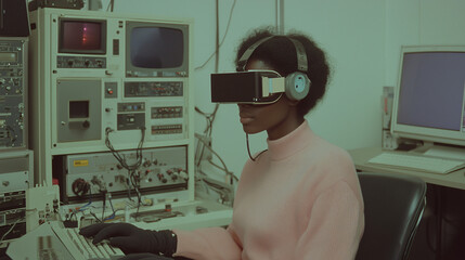 Poster - Retro Virtual Reality: A woman of color sits intently before vintage computer equipment, wearing a VR headset, creating a compelling image of retrofuturism and technological exploration.