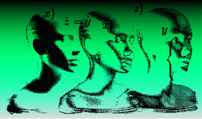 Aufkleber - Glitched and decomposted pixelated human face on a green background. Futuristic neo-brutalist vector illustration on the theme of cyber technology and identity.