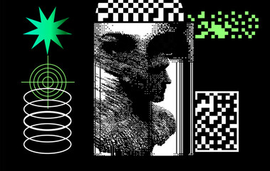 Aufkleber - Geometric distress aesthetics in abstract pattern design. Brutalism inspired vector graphics collage made with simple geometric shapes and grunge texture, useful for poster art and digital prints.