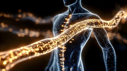 Poster - Futuristic 3D medical animation depicting the flow and distribution of a drug through the illuminated pathways of the bloodstream with a modern high tech and conceptual visual style