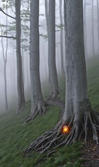 Poster - Mystical forest path with glowing light at tree roots in fog.