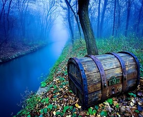 Poster - Mystical forest canal with antique wooden chest.