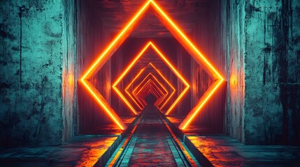 Poster - Futuristic 3D rendering of an empty dark corridor with glowing side windows featuring textured concrete block walls and an underground track evoking a sci fi atmosphere background cinematic