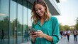 © Rina Tikhomirova - Young woman in turquoise blouse smiling while using smartphone outside modern glass building. Natural daylight, urban setting, casual business atmosphere.