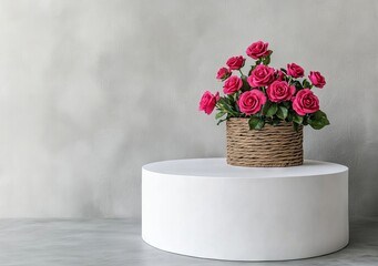 Wall Mural - A beige background showcasing a stack of stones as a platform, a wooden ring, and a flower bouquet. A minimal product display setup