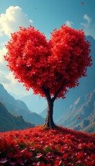 Wall Mural - Crimson heart-shaped tree, vibrant autumn colors, photography, trunk