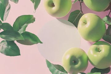 Wall Mural - A round stage with blossoming apple branches for product displays, incorporating an abstract minimal geometric form on a pink background. A single showcase featuring white flowers and soft shadows.