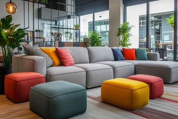 Wall Mural - Spacious modern lounge with grey sofa and colorful pillows and poufs.