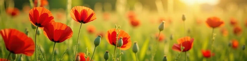 Wall Mural - Close-up of red poppies amidst swaying meadow grasses , wallpaper, vibrant