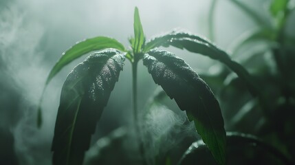 Aufkleber - Lush Green Plant with Dewdrops Amidst a Misty Background, Capturing the Essence of Nature and Serenity in a Fresh Green Environment