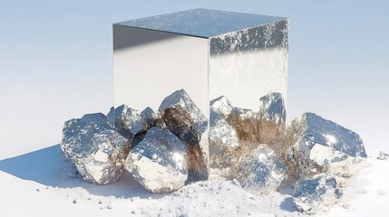 Poster - reflective metal cube and rough mineral rocks