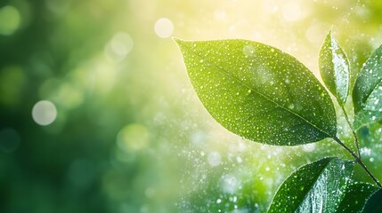 Aufkleber - Fresh Green Leaf with Water Droplets on a Soft Sunny Background, Symbolizing Nature, Refreshment, and Serenity in a Lush Environment with Bokeh Effect