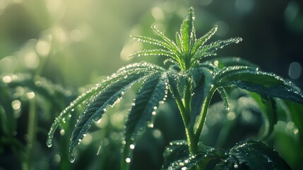 Aufkleber - Lush Green Plant with Dew Drops Sparkling in Soft Morning Light, Capturing the Essence of Nature's Beauty and Freshness After a Rain Shower in a Serene Environment