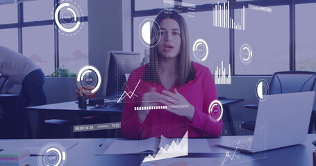 Poster - Image of financial data processing over caucasian businesswoman using computer