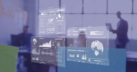 Poster - Image of financial data processing over caucasian businesswoman in office