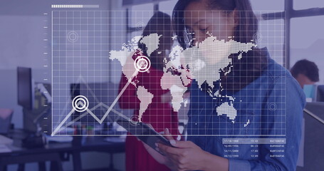 Poster - Image of world map andata processing over biracial businesswoman using smartphone in office
