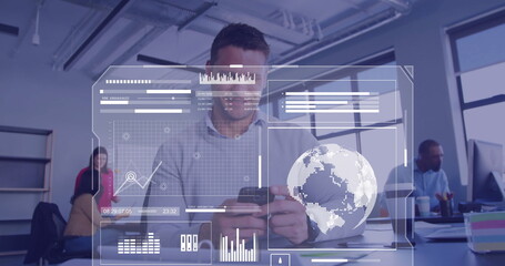 Poster - Image of financial data processing over caucasian businessman using computer