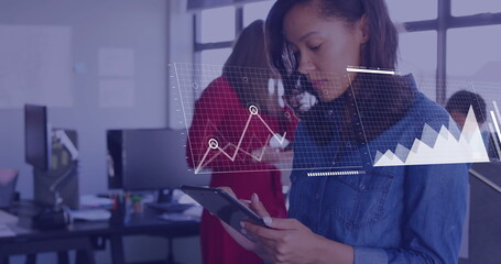 Poster - Image of financial data processing over biracial businesswoman using smartphone in office