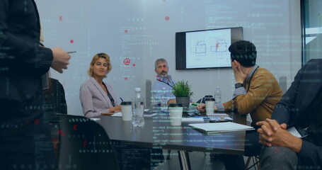 Poster - Image of data processing over diverse business people in office