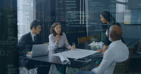 Poster - Image of data processing over diverse business people in office